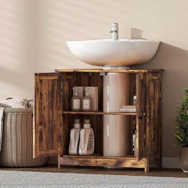 Alt view image 7 of 7 - Under Sink Bathroom Cabinet with 2 Doors Shelf Rustic Brown | Pedestal Sink Storage Cabinet, U-Shape