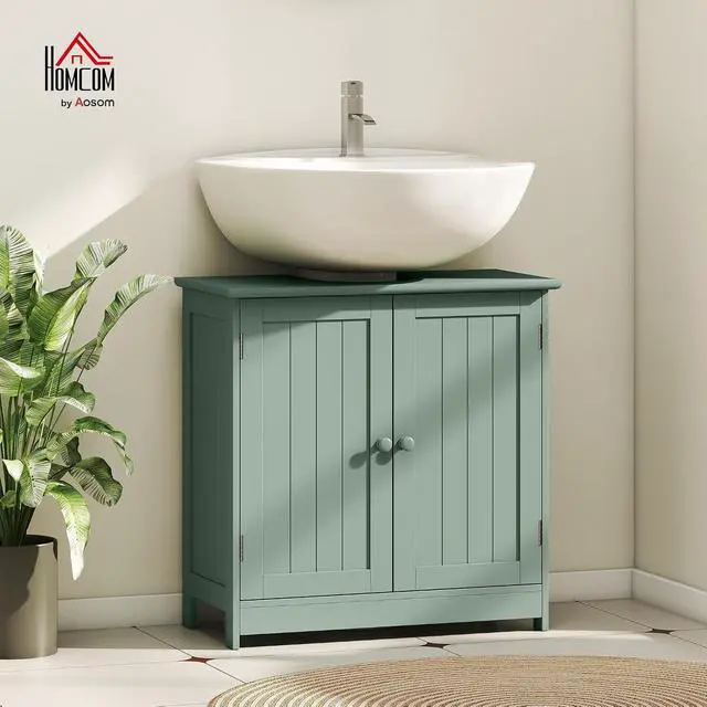 Alt view image 2 of 7 - Under Sink Bathroom Cabinet with 2 Doors Shelf Dark Green | Pedestal Sink Storage Cabinet, U-Shape