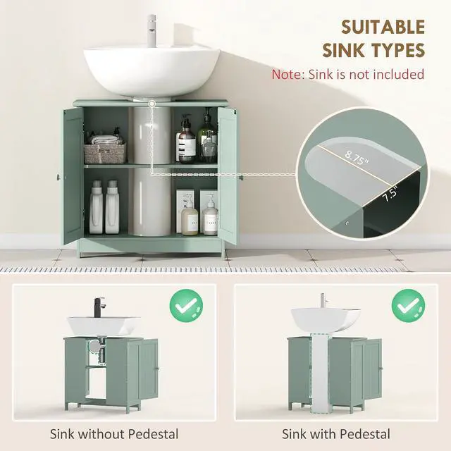Alt view image 4 of 7 - Under Sink Bathroom Cabinet with 2 Doors Shelf Dark Green | Pedestal Sink Storage Cabinet, U-Shape