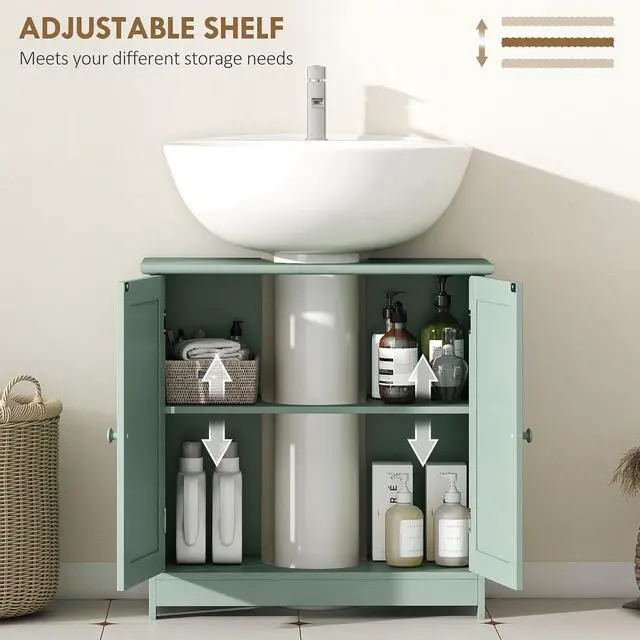 Alt view image 5 of 7 - Under Sink Bathroom Cabinet with 2 Doors Shelf Dark Green | Pedestal Sink Storage Cabinet, U-Shape