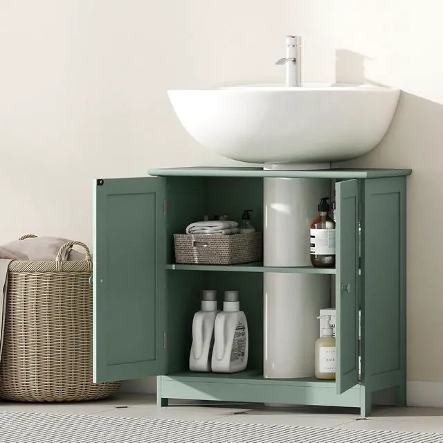 Alt view image 7 of 7 - Under Sink Bathroom Cabinet with 2 Doors Shelf Dark Green | Pedestal Sink Storage Cabinet, U-Shape