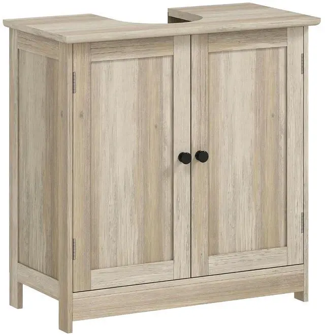 Main image of Under Sink Bathroom Cabinet with 2 Doors Shelf Weathered Gray Oak | Pedestal Sink Storage Cabinet, U-Shape