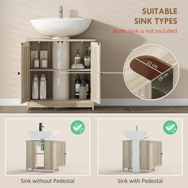 Alt view image 4 of 7 - Under Sink Bathroom Cabinet with 2 Doors Shelf Weathered Gray Oak | Pedestal Sink Storage Cabinet, U-Shape