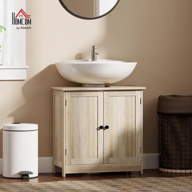 Alt view image 2 of 7 - Under Sink Bathroom Cabinet with 2 Doors Shelf Weathered Gray Oak | Pedestal Sink Storage Cabinet, U-Shape