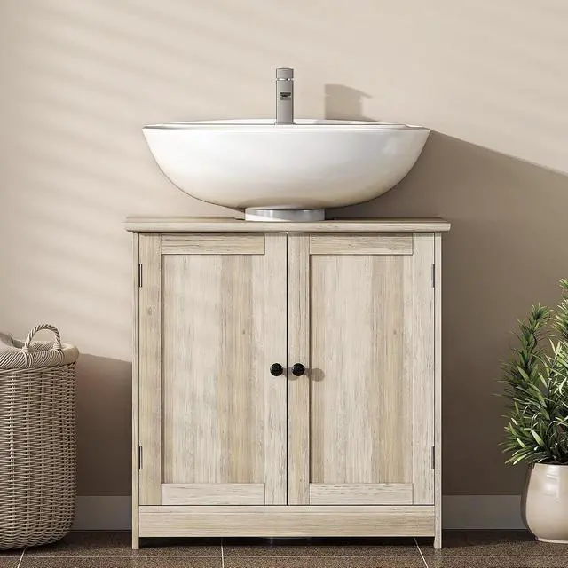 Alt view image 6 of 7 - Under Sink Bathroom Cabinet with 2 Doors Shelf Weathered Gray Oak | Pedestal Sink Storage Cabinet, U-Shape