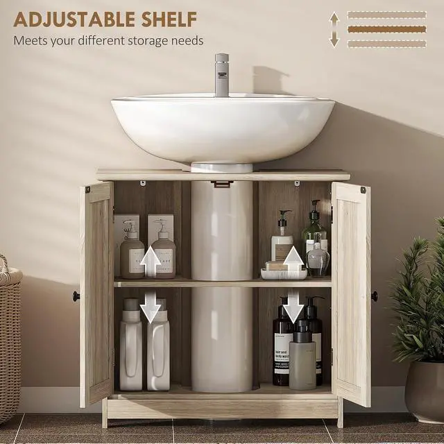 Alt view image 5 of 7 - Under Sink Bathroom Cabinet with 2 Doors Shelf Weathered Gray Oak | Pedestal Sink Storage Cabinet, U-Shape
