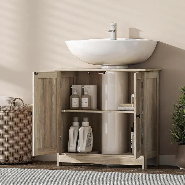 Alt view image 7 of 7 - Under Sink Bathroom Cabinet with 2 Doors Shelf Weathered Gray Oak | Pedestal Sink Storage Cabinet, U-Shape
