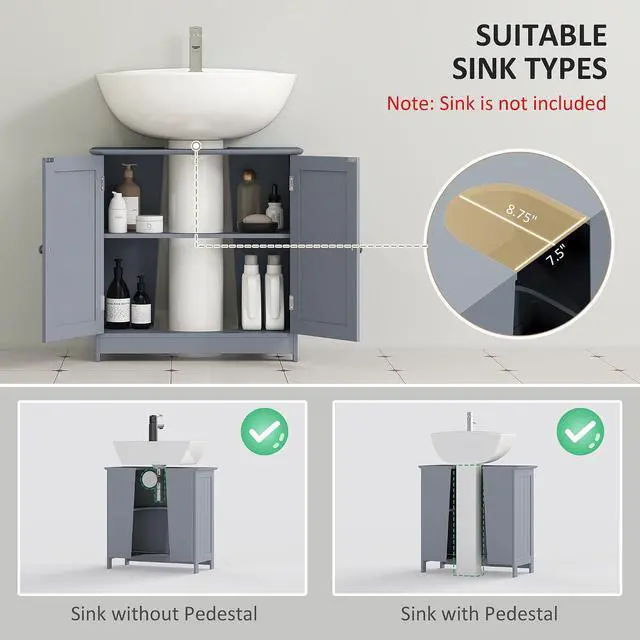 Alt view image 4 of 7 - Under Sink Bathroom Cabinet with 2 Doors and Shelf, Pedestal Sink Bathroom Vanity Cabinet, Gray