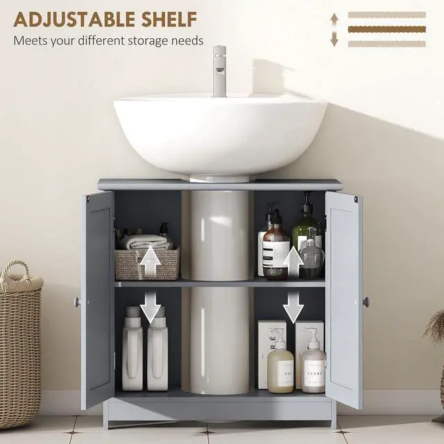 Alt view image 5 of 7 - Under Sink Bathroom Cabinet with 2 Doors and Shelf, Pedestal Sink Bathroom Vanity Cabinet, Gray