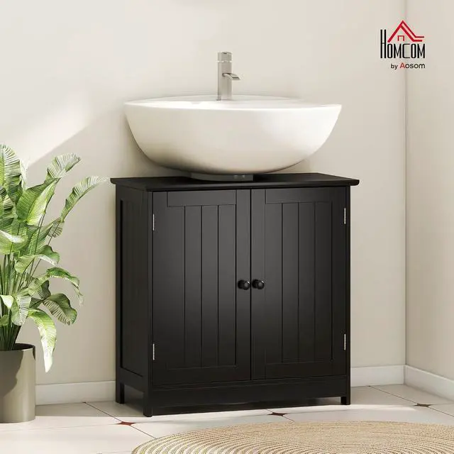 Alt view image 2 of 7 - Under Sink Bathroom Cabinet, Pedestal Sink Storage Cabinet with 2 Doors, Shelf and U-Shape, Black
