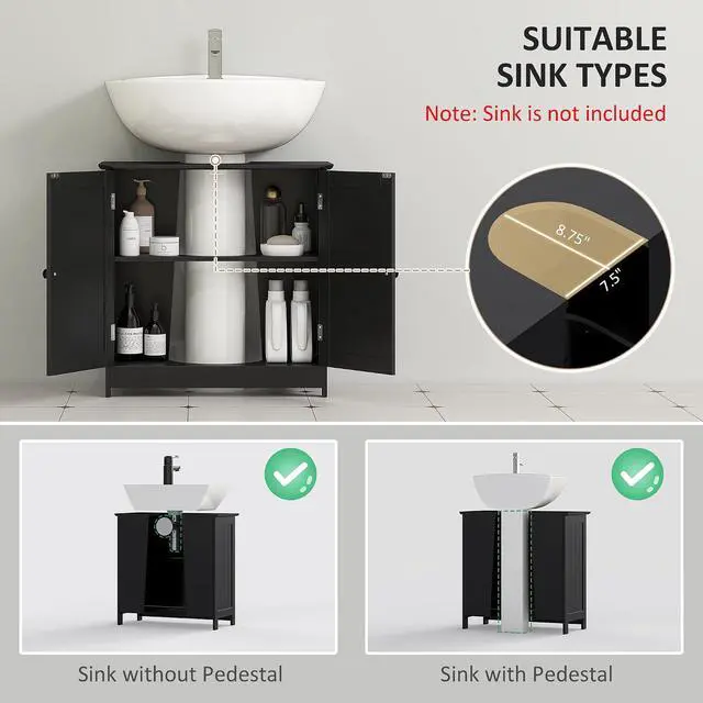 Alt view image 4 of 7 - Under Sink Bathroom Cabinet, Pedestal Sink Storage Cabinet with 2 Doors, Shelf and U-Shape, Black