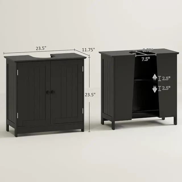 Alt view image 3 of 7 - Under Sink Bathroom Cabinet, Pedestal Sink Storage Cabinet with 2 Doors, Shelf and U-Shape, Black