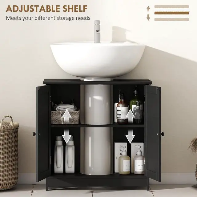 Alt view image 5 of 7 - Under Sink Bathroom Cabinet, Pedestal Sink Storage Cabinet with 2 Doors, Shelf and U-Shape, Black