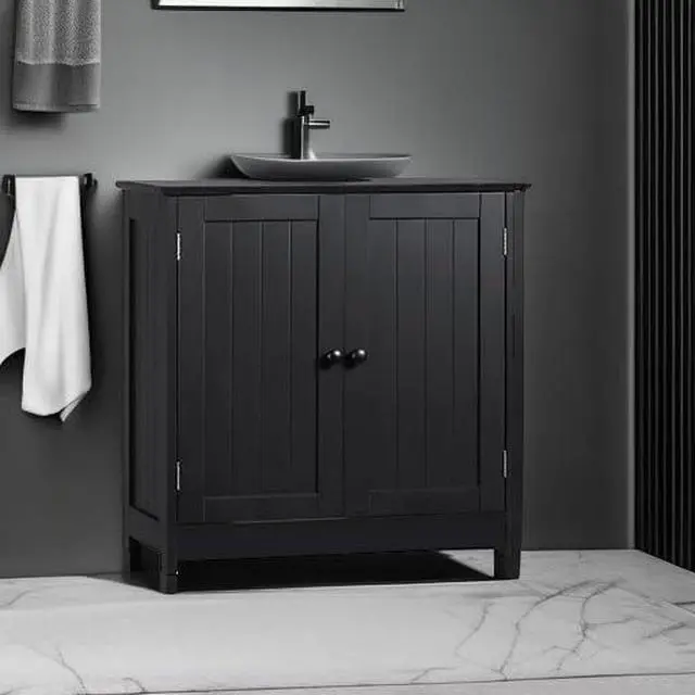 Alt view image 6 of 7 - Under Sink Bathroom Cabinet, Pedestal Sink Storage Cabinet with 2 Doors, Shelf and U-Shape, Black