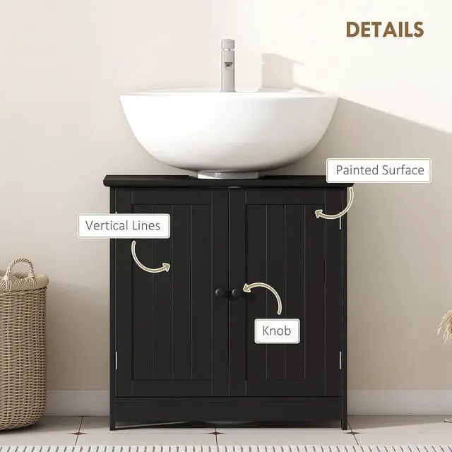 Alt view image 7 of 7 - Under Sink Bathroom Cabinet, Pedestal Sink Storage Cabinet with 2 Doors, Shelf and U-Shape, Black