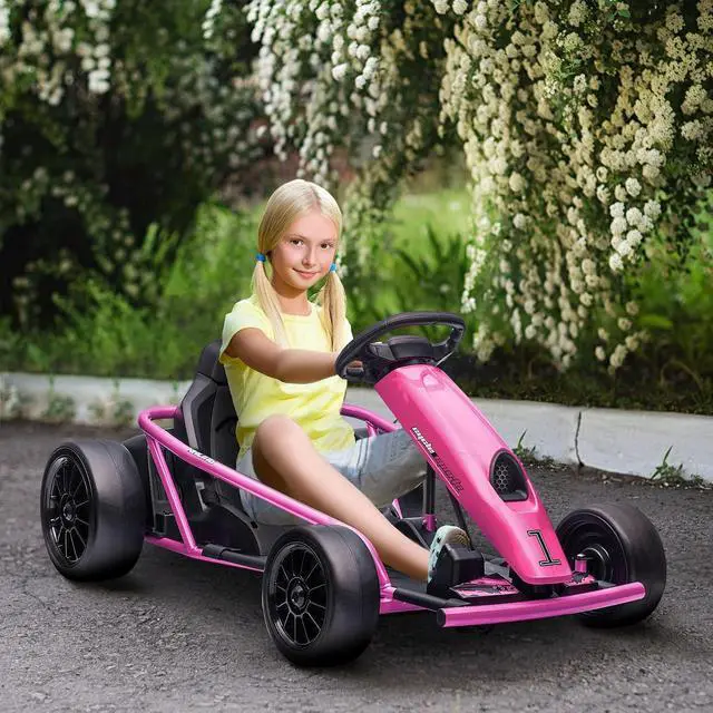 Alt view image 2 of 7 - 24V 8.1 MPH Electric Go Kart Drifting Car Kids Ages 8-12 Pink | Battery Powered Ride on Toy, Slow Start, Music, Horn Honking, Safety Belt, 154 lb Max Weight, Outdoor Use