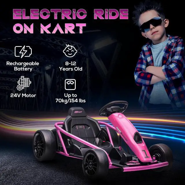 Alt view image 3 of 7 - 24V 8.1 MPH Electric Go Kart Drifting Car Kids Ages 8-12 Pink | Battery Powered Ride on Toy, Slow Start, Music, Horn Honking, Safety Belt, 154 lb Max Weight, Outdoor Use