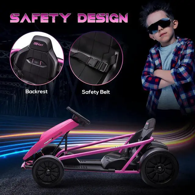 Alt view image 5 of 7 - 24V 8.1 MPH Electric Go Kart Drifting Car Kids Ages 8-12 Pink | Battery Powered Ride on Toy, Slow Start, Music, Horn Honking, Safety Belt, 154 lb Max Weight, Outdoor Use