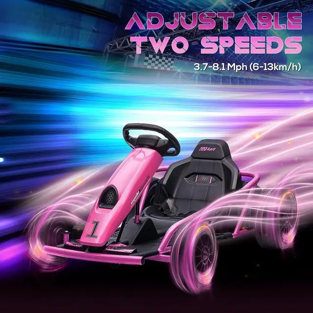 Alt view image 4 of 7 - 24V 8.1 MPH Electric Go Kart Drifting Car Kids Ages 8-12 Pink | Battery Powered Ride on Toy, Slow Start, Music, Horn Honking, Safety Belt, 154 lb Max Weight, Outdoor Use