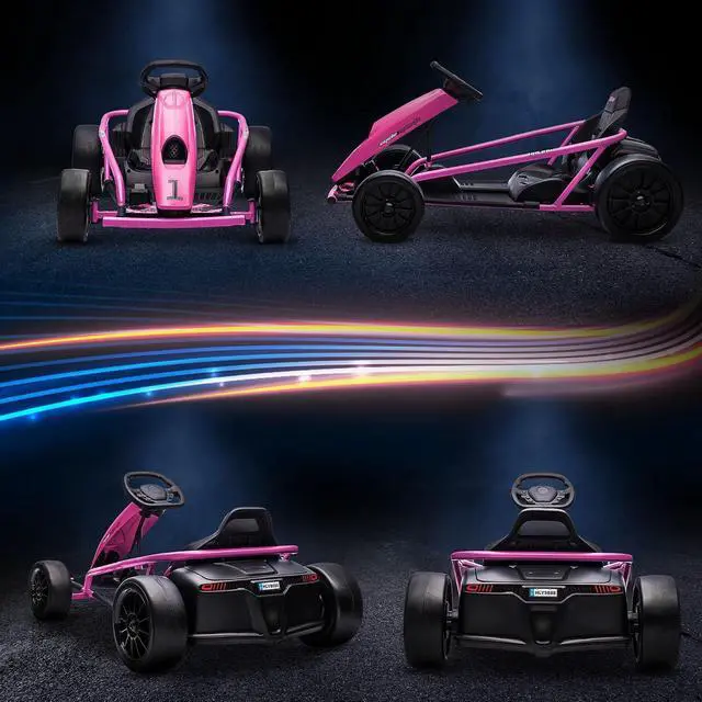 Alt view image 6 of 7 - 24V 8.1 MPH Electric Go Kart Drifting Car Kids Ages 8-12 Pink | Battery Powered Ride on Toy, Slow Start, Music, Horn Honking, Safety Belt, 154 lb Max Weight, Outdoor Use