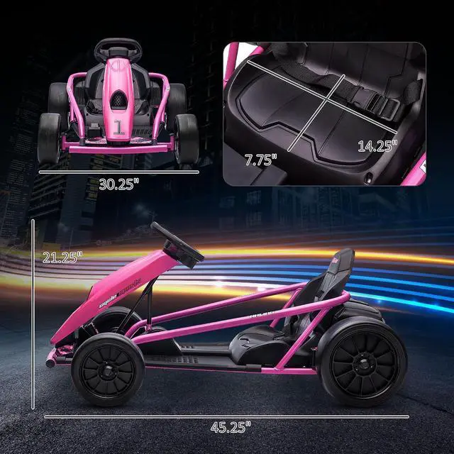 Alt view image 7 of 7 - 24V 8.1 MPH Electric Go Kart Drifting Car Kids Ages 8-12 Pink | Battery Powered Ride on Toy, Slow Start, Music, Horn Honking, Safety Belt, 154 lb Max Weight, Outdoor Use