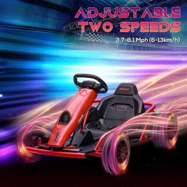 Alt view image 4 of 7 - 24V 8.1 MPH Electric Go Kart Drifting Car Kids Ages 8-12 Red | Battery Powered Ride on Toy, Slow Start, Music, Horn Honking, Safety Belt, 154 lb Max Weight, Outdoor Use