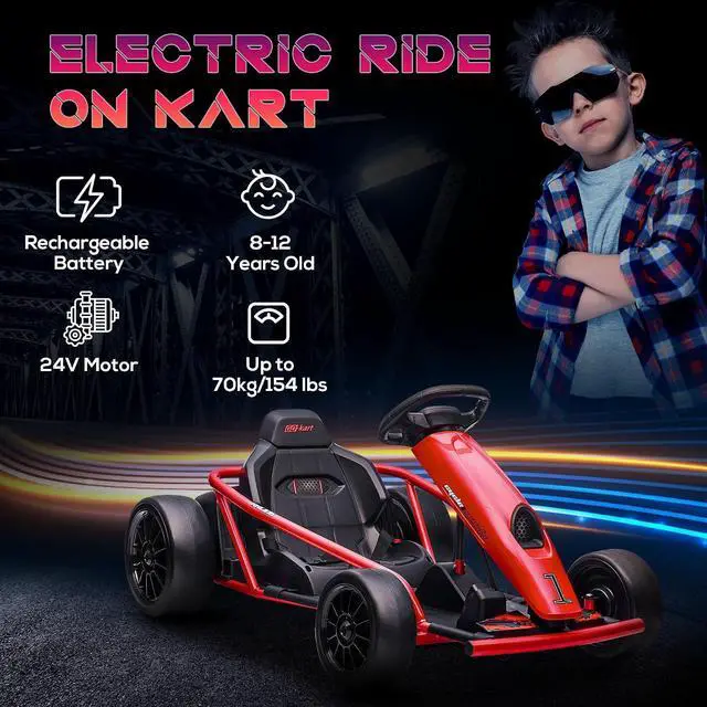 Alt view image 3 of 7 - 24V 8.1 MPH Electric Go Kart Drifting Car Kids Ages 8-12 Red | Battery Powered Ride on Toy, Slow Start, Music, Horn Honking, Safety Belt, 154 lb Max Weight, Outdoor Use