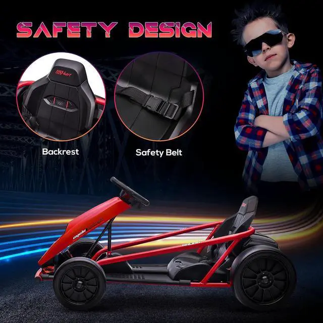 Alt view image 5 of 7 - 24V 8.1 MPH Electric Go Kart Drifting Car Kids Ages 8-12 Red | Battery Powered Ride on Toy, Slow Start, Music, Horn Honking, Safety Belt, 154 lb Max Weight, Outdoor Use