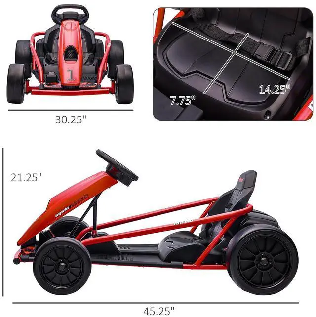 Alt view image 7 of 7 - 24V 8.1 MPH Electric Go Kart Drifting Car Kids Ages 8-12 Red | Battery Powered Ride on Toy, Slow Start, Music, Horn Honking, Safety Belt, 154 lb Max Weight, Outdoor Use
