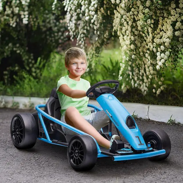 Alt view image 2 of 7 - 24V 8.1 MPH Electric Go Kart Drifting Car Kids Ages 8-12 Blue | Battery Powered Ride on Toy, Slow Start, Music, Horn Honking, Safety Belt, 154 lb Max Weight, Outdoor Use