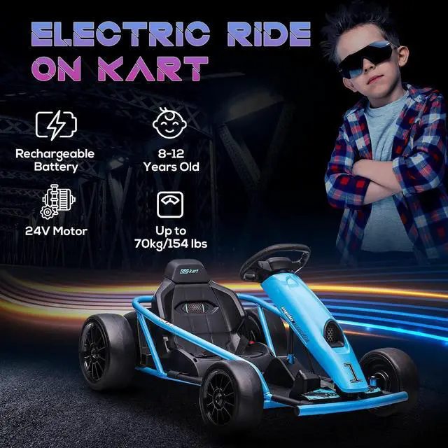 Alt view image 3 of 7 - 24V 8.1 MPH Electric Go Kart Drifting Car Kids Ages 8-12 Blue | Battery Powered Ride on Toy, Slow Start, Music, Horn Honking, Safety Belt, 154 lb Max Weight, Outdoor Use