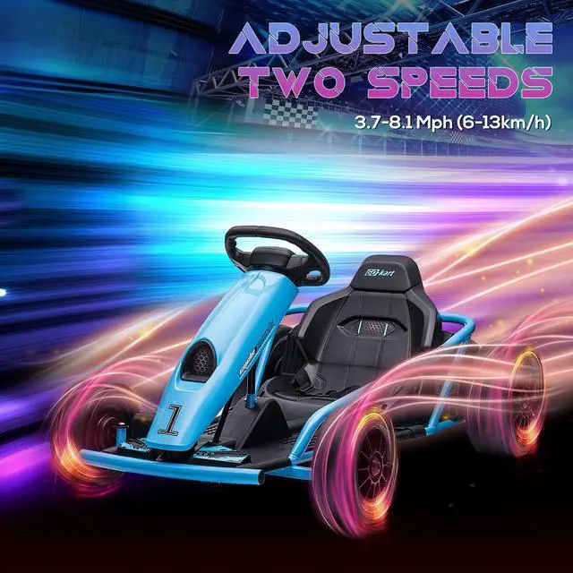 Alt view image 4 of 7 - 24V 8.1 MPH Electric Go Kart Drifting Car Kids Ages 8-12 Blue | Battery Powered Ride on Toy, Slow Start, Music, Horn Honking, Safety Belt, 154 lb Max Weight, Outdoor Use