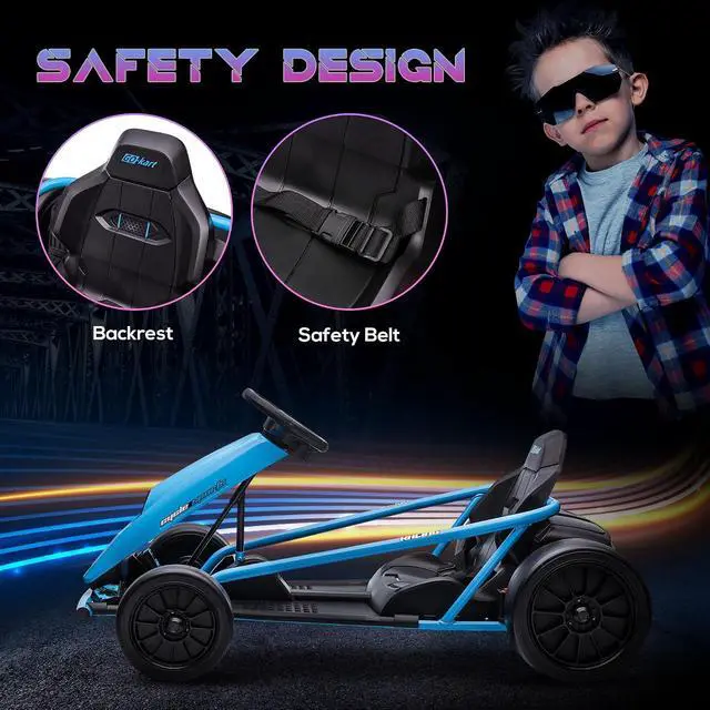 Alt view image 5 of 7 - 24V 8.1 MPH Electric Go Kart Drifting Car Kids Ages 8-12 Blue | Battery Powered Ride on Toy, Slow Start, Music, Horn Honking, Safety Belt, 154 lb Max Weight, Outdoor Use