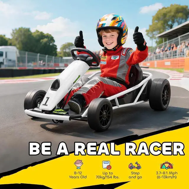 Alt view image 3 of 7 - 24V 8.1 MPH Electric Go Kart Drifting Car for 8-12 Years Old White | Battery Powered Ride on Toy, Outdoor Use, Slow Start, Music, Horn Honking, Safety Belt, 154 lb Max Weight