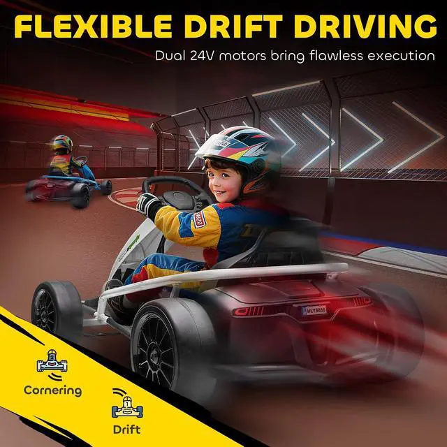 Alt view image 4 of 7 - 24V 8.1 MPH Electric Go Kart Drifting Car for 8-12 Years Old White | Battery Powered Ride on Toy, Outdoor Use, Slow Start, Music, Horn Honking, Safety Belt, 154 lb Max Weight