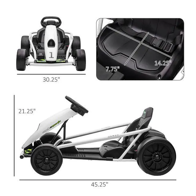 Alt view image 7 of 7 - 24V 8.1 MPH Electric Go Kart Drifting Car for 8-12 Years Old White | Battery Powered Ride on Toy, Outdoor Use, Slow Start, Music, Horn Honking, Safety Belt, 154 lb Max Weight