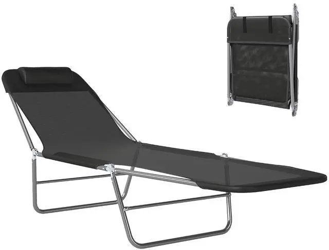 Main image of Folding Chaise Lounge Outdoor Sun Tanning Chair w/Pillow, Black | Sun Tanning Chair for Outside, Breathable Mesh Seat, Headrest, Pool, Beach, Yard, Patio