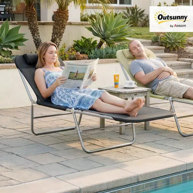 Alt view image 2 of 7 - Folding Chaise Lounge Outdoor Sun Tanning Chair w/Pillow, Black | Sun Tanning Chair for Outside, Breathable Mesh Seat, Headrest, Pool, Beach, Yard, Patio