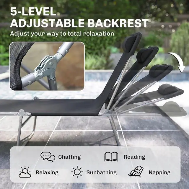 Alt view image 4 of 7 - Folding Chaise Lounge Outdoor Sun Tanning Chair w/Pillow, Black | Sun Tanning Chair for Outside, Breathable Mesh Seat, Headrest, Pool, Beach, Yard, Patio