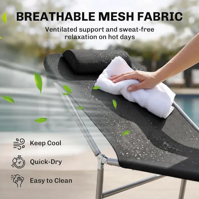 Alt view image 5 of 7 - Folding Chaise Lounge Outdoor Sun Tanning Chair w/Pillow, Black | Sun Tanning Chair for Outside, Breathable Mesh Seat, Headrest, Pool, Beach, Yard, Patio