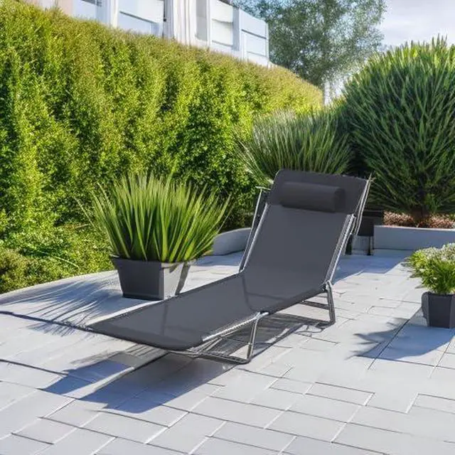 Alt view image 6 of 7 - Folding Chaise Lounge Outdoor Sun Tanning Chair w/Pillow, Black | Sun Tanning Chair for Outside, Breathable Mesh Seat, Headrest, Pool, Beach, Yard, Patio