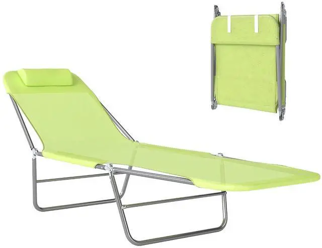 Main image of Folding Chaise Lounge Outdoor Sun Tanning Chair w/Pillow, Green | Sun Tanning Chair for Outside, Breathable Mesh Seat, Headrest, Pool, Beach, Yard, Patio