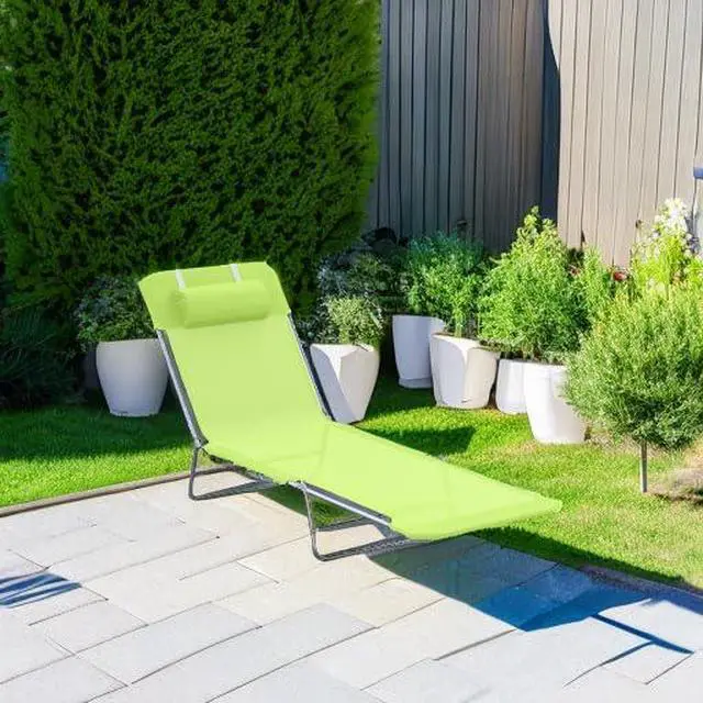 Alt view image 6 of 7 - Folding Chaise Lounge Outdoor Sun Tanning Chair w/Pillow, Green | Sun Tanning Chair for Outside, Breathable Mesh Seat, Headrest, Pool, Beach, Yard, Patio