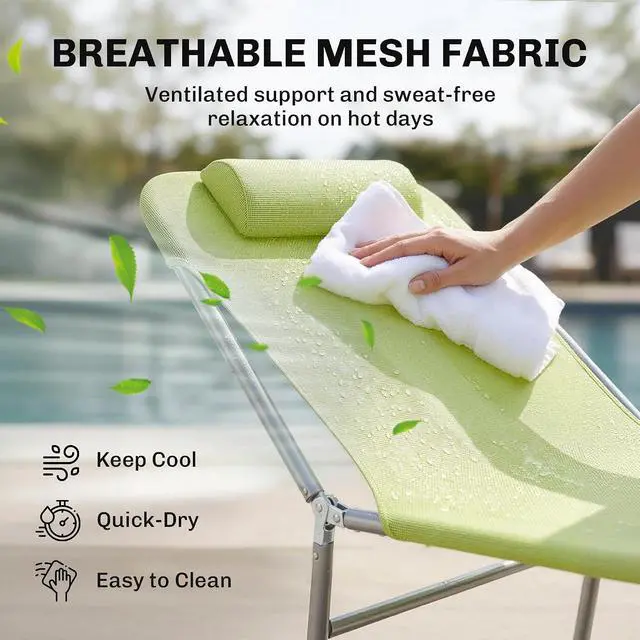 Alt view image 5 of 7 - Folding Chaise Lounge Outdoor Sun Tanning Chair w/Pillow, Green | Sun Tanning Chair for Outside, Breathable Mesh Seat, Headrest, Pool, Beach, Yard, Patio
