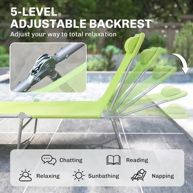 Alt view image 4 of 7 - Folding Chaise Lounge Outdoor Sun Tanning Chair w/Pillow, Green | Sun Tanning Chair for Outside, Breathable Mesh Seat, Headrest, Pool, Beach, Yard, Patio