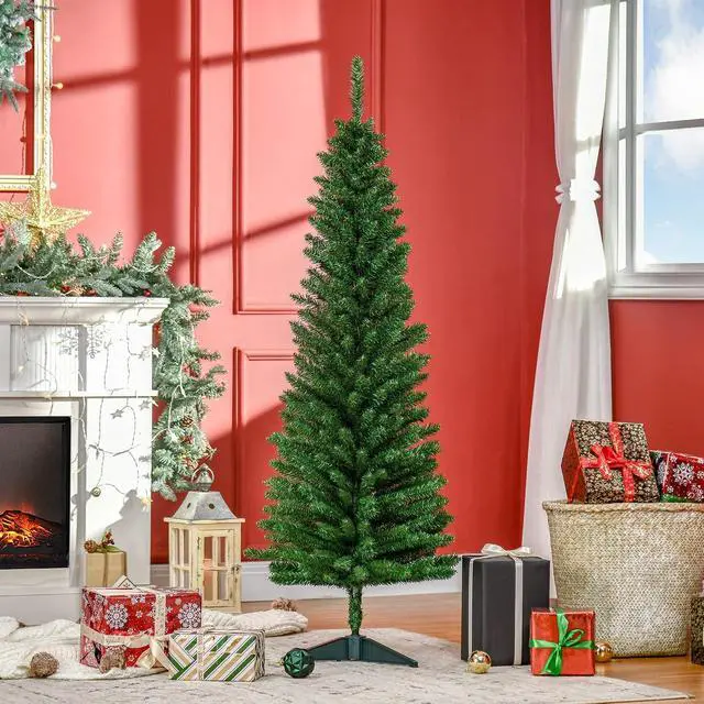 Alt view image 2 of 7 - 5' Artificial Pencil Christmas Tree 294 Realistic Branch Tips Green | Slim Xmas Tree, Plastic Stand