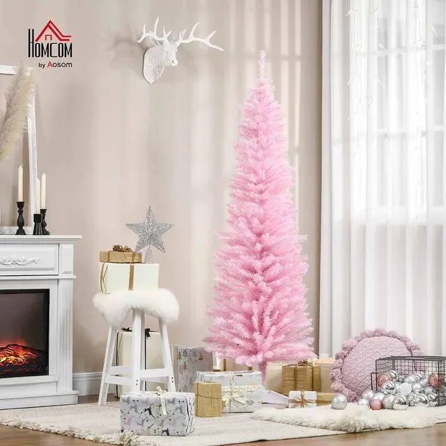 Alt view image 2 of 7 - 6' Artificial Pencil Christmas Tree Slim Plastic Stand Pink | 390 Realistic Branch Tips, Slim Xmas