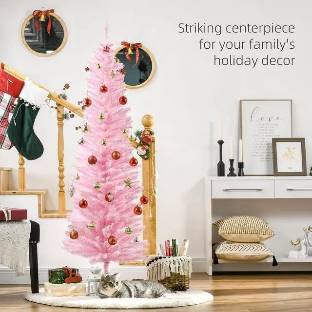 Alt view image 3 of 7 - 6' Artificial Pencil Christmas Tree Slim Plastic Stand Pink | 390 Realistic Branch Tips, Slim Xmas