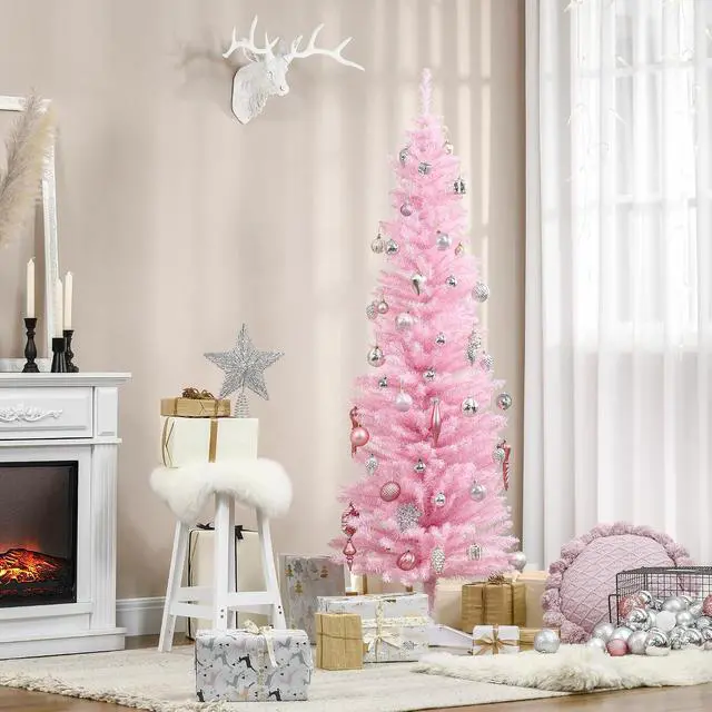 Alt view image 6 of 7 - 6' Artificial Pencil Christmas Tree Slim Plastic Stand Pink | 390 Realistic Branch Tips, Slim Xmas