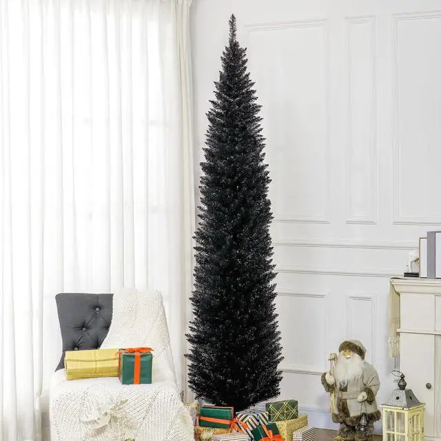 Alt view image 2 of 7 - 8' Artificial Pencil Christmas Tree 618 Realistic Branch Tips Black | Slim Xmas Tree, Plastic Stand